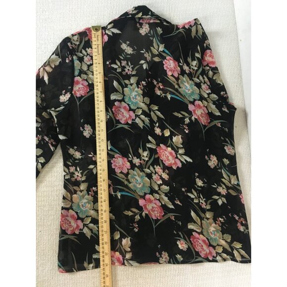 Notation Top Women Size L Black w Pink Blue Flowers Button Down Sheer Blouse - Picture 9 of 11
